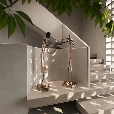 Artistic Sculptures In Modern Interior Staircase With Green Plants And Natural Light 3d model