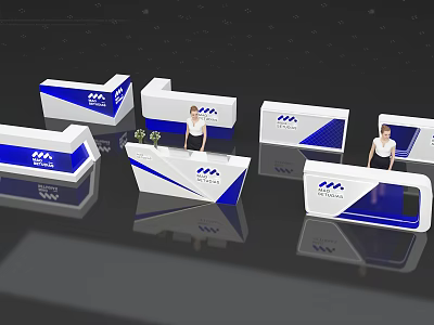 Stylish White And Blue Reception Desks With HM Logo And Standing Receptionist 3d model