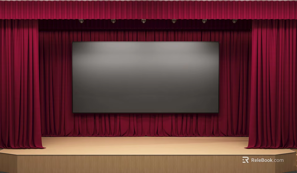 Stage Design Featuring Red Curtains And Large Black Screen On Wooden Floor 3d model 
