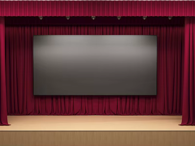 Stage Design Featuring Red Curtains And Large Black Screen On Wooden Floor 3d model