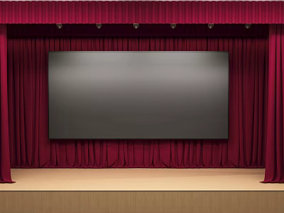 Stage Design Featuring Red Curtains And Large Black Screen On Wooden Floor 3d model