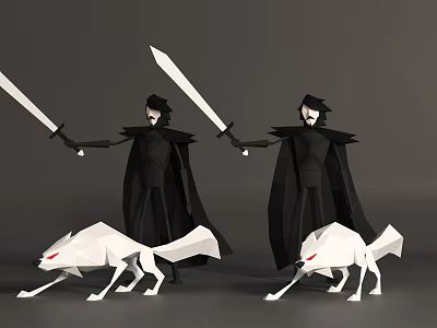 Game And Movie Characters In Black Cloaks Holding Long Swords With White Wolves Red Eyes 3d model