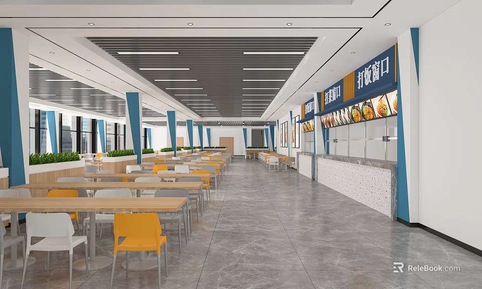 Dining Hall Interior Featuring Food Serving Counters Tables Chairs Blue Pillars White Ceiling Gray Floor 3d model