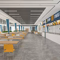 Dining Hall Interior Featuring Food Serving Counters Tables Chairs Blue Pillars White Ceiling Gray Floor 3d model