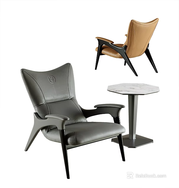 Stylish Leather Accent Chairs in Gray and Brown with Round Marble Side Table 3d model 