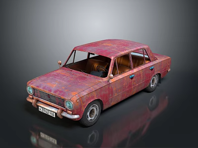 Vintage Red Rusted Classic Sedan Car With Reflective Surface On Black Background 3d model