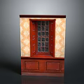 Classical Wooden Display Cabinet With Glass Door And Paneled Base On Ornate Wallpaper Background
