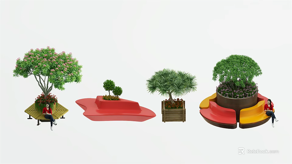 Various Modern Tree Planter Designs For Outdoor Landscape With Seating And Greenery 3d model