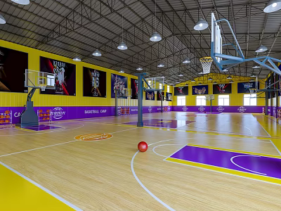 Modern Basketball Gym Interior With Yellow Purple Flooring Wall Posters Basketball Hoops And Ceiling Lighting 3d model