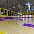 Modern Basketball Gym Interior With Yellow Purple Flooring Wall Posters Basketball Hoops And Ceiling Lighting