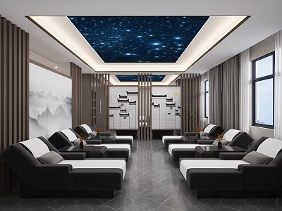 Luxurious SPA Sauna Interior With Starry Ceiling Landscape Mural And Recliners 3d model
