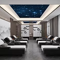 Luxurious SPA Sauna Interior With Starry Ceiling Landscape Mural And Recliners