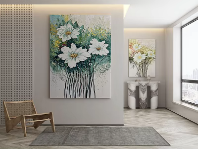 Modern Interior With Floral Paintings Wall Decor Wooden Chair Gray Rug And Large Window 3d model