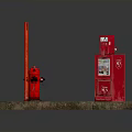 Red Fire Hydrant And Vending Machine Setup On Brick Paved Ground