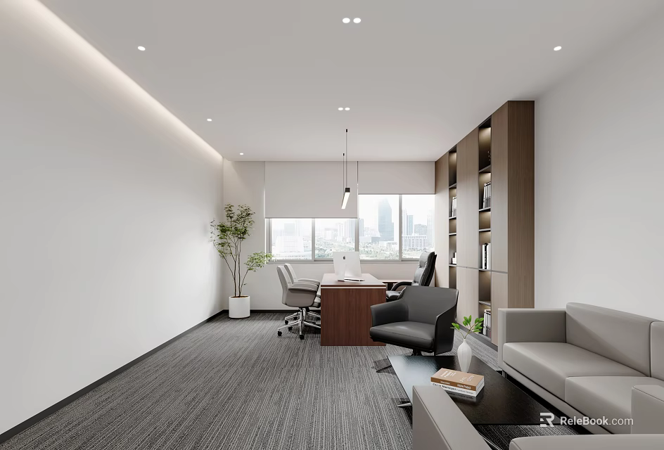 Modern Office Interior Design With Open Layout Desk Chair Sofa And Plant 3d model 