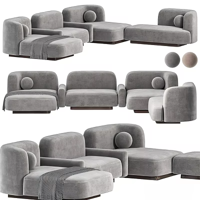 Velvet Upholstered Gray Sectional Sofa with Modular Components Round Cushions and Curved Armrests 3d model