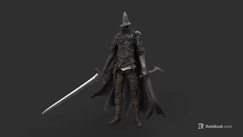 Medieval Battle Weapons Sword And Dagger With Armored Warrior In Cloak 3d model 