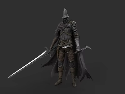 Medieval Battle Weapons Sword And Dagger With Armored Warrior In Cloak 3d model