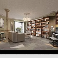 Elegant Living Dining Room Interior With Curved Design Bookshelves Piano Chandelier Column And Window View