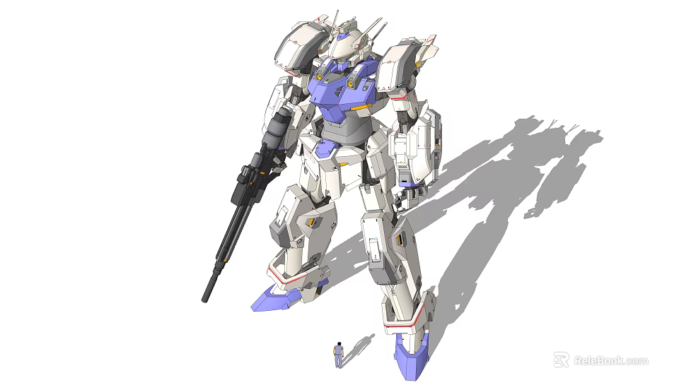 Smart Machine Giant White And Blue Mecha Robot With Weapon Standing Near Small Figure 3d model 