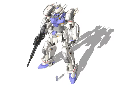 Smart Machine Giant White And Blue Mecha Robot With Weapon Standing Near Small Figure 3d model