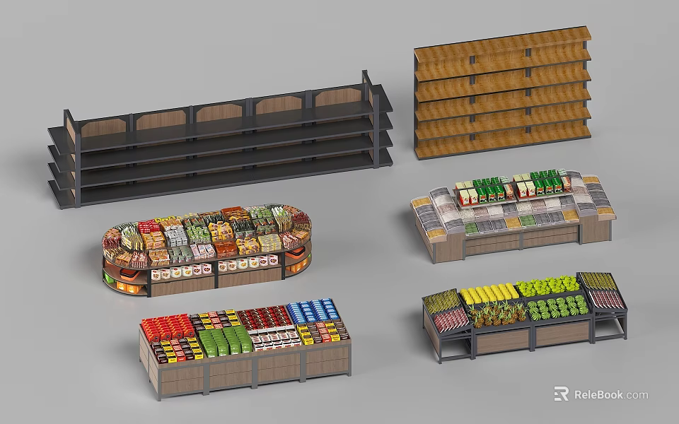 Various Retail Display Shelves with Multi Tier Design for Supermarket Fruit Vegetable Snack 3d model 