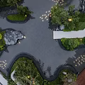 Tranquil Garden Landscape with Pavilion Water Pond Lush Greenery and Pathways