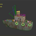Rusty Red And White Water Vessel With Yellow Crane Black Chimney And Lifebuoys