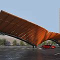 Modern Outdoor Parking Lot Featuring Orange Canopy Red Sports Car And Modern Building Design