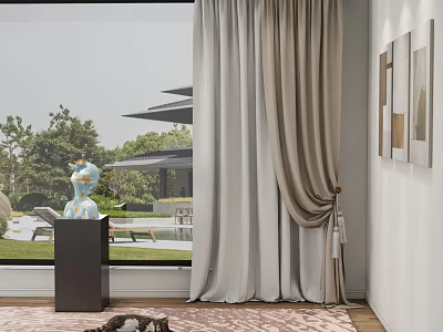 Elegant Light Gray Linen Curtain For Living Room Window With Scenic Greenery And Artwork 3d model