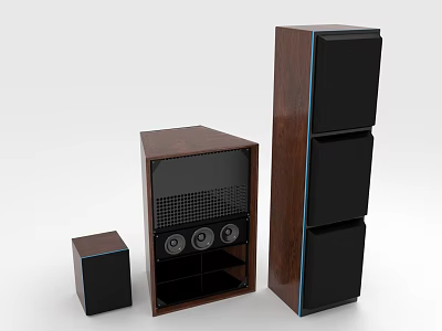 Modern Wooden Speakers With Different Sizes Black Panels And Blue Accent Lines 3d model