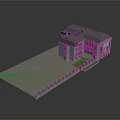 Classical Building Exterior With Cyan Facade Gray Roof Front Plaza And Lawn