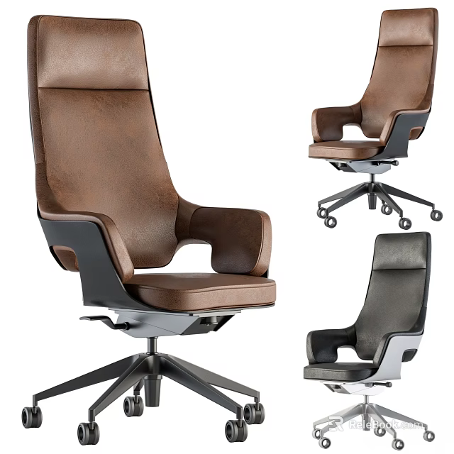 Leather Office Desk And Chair Set With Brown Black Armrests Metal Base Wheels 3d model 