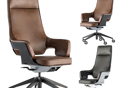 Leather Office Desk And Chair Set With Brown Black Armrests Metal Base Wheels 3d model