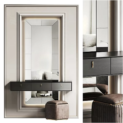 Modern Dressing Table With Large Mirror Black Drawers And Brown Stool Interior Design 3d model