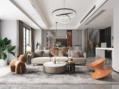 Modern Living And Dining Room Interior With Sofa Coffee Table Chandelier Green Plant And Rug 3d model