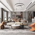 Modern Living And Dining Room Interior With Sofa Coffee Table Chandelier Green Plant And Rug