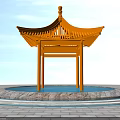 Traditional Yellow Landscape Pavilion With Water Pool And Stone Paved Ground Under Blue Sky