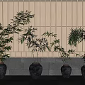 Bamboo Bonsai Plants Of Various Heights In Dark Ceramic Pots Against Vertical Striped Wall