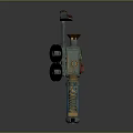 Futuristic Sci Fi Weapon With Red Grip Blue Component And Two Black Discs On Top