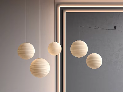 Minimalist Ivory Paper Spherical Pendant Lights In Modern Interior With Mirror 3d model