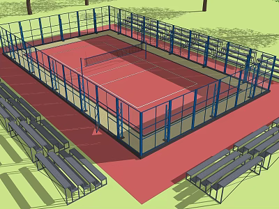 Outdoor Tennis Court With Red Surface Blue Fencing And Benches For Fitness Sports 3d model