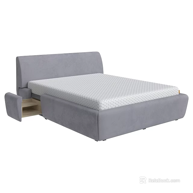 Gray Double Bed With Gray Headboard White Checkered Mattress And Side Storage Drawer 3d model 