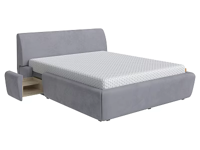Gray Double Bed With Gray Headboard White Checkered Mattress And Side Storage Drawer 3d model