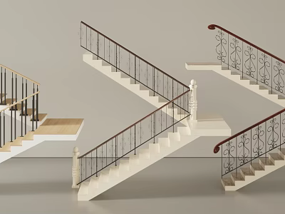 Multiple Staircase Designs With Decorative Railings And White Steps 3d model
