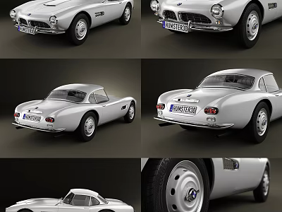 Silver Classic Sports Car Showcased In Multiple Angles With Retro Design Details 3d model