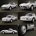 Silver Classic Sports Car Showcased In Multiple Angles With Retro Design Details