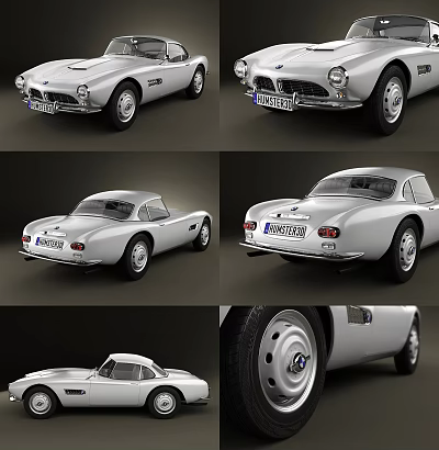 Silver Classic Sports Car Showcased In Multiple Angles With Retro Design Details 3d model