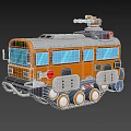 Cartoon Style Orange School Bus With Tracks And Mechanical Top Device
