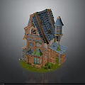Charming Small Wooden Cottage With Blue Roof Tower And Green Grass
